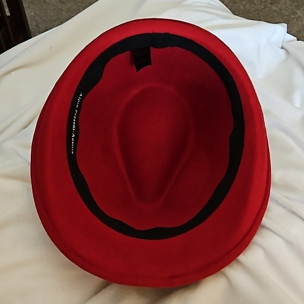 Vtg Traditional Austrian Alpine Tomato Red Tyrolean Felt Fedora Festival Hat - Picture 6 of 8